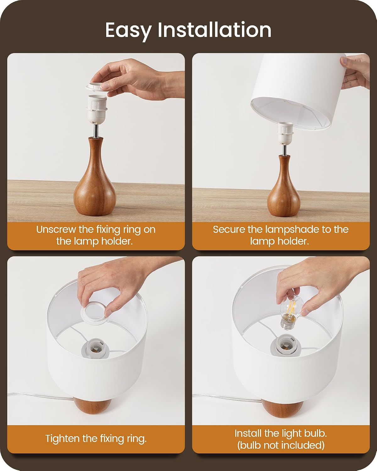 Small Table Lamp, 14.2" Wood Bedside Lamp, Little Cute Desk Lamp with Dark Wood Bottle-Shaped Base & Beige Linen Lampshade, Nightstand Lamp for Bedroom, Small Space, E26 Socket, LE09TL05