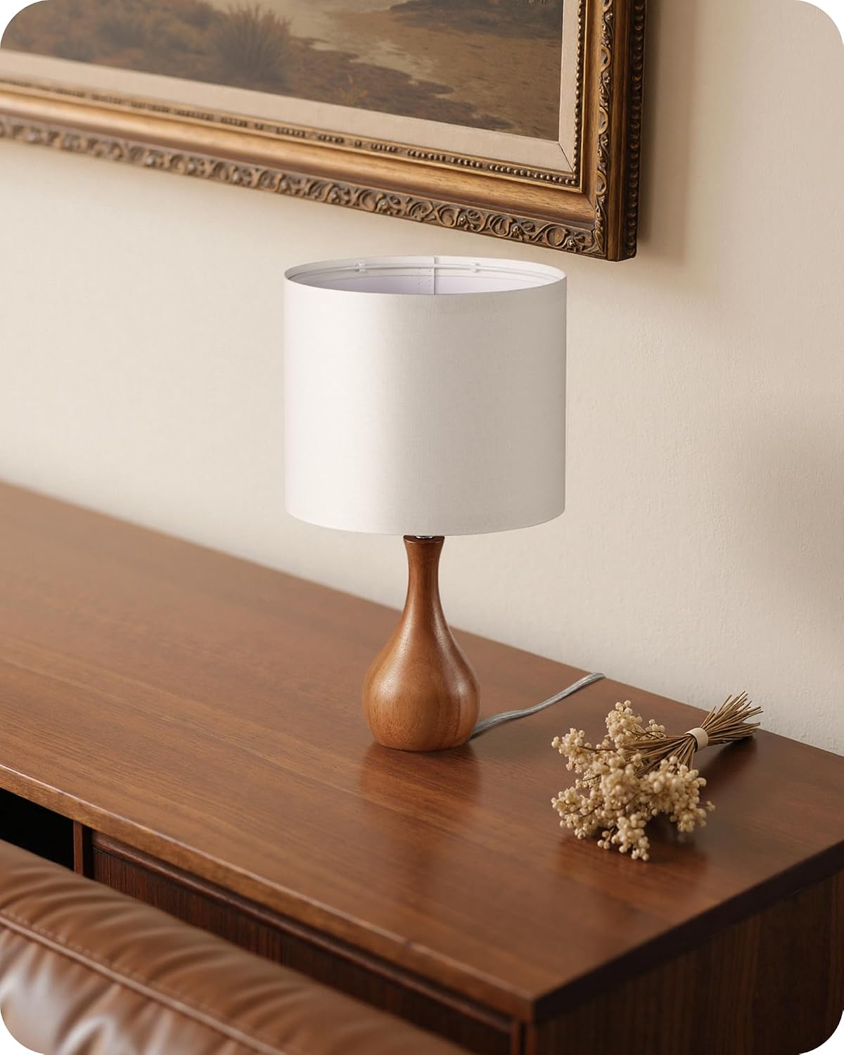Small Table Lamp, 14.2" Wood Bedside Lamp, Little Cute Desk Lamp with Dark Wood Bottle-Shaped Base & Beige Linen Lampshade, Nightstand Lamp for Bedroom, Small Space, E26 Socket, LE09TL05