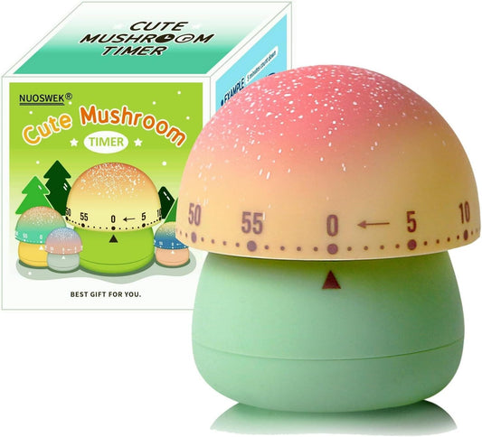 Mechanical Kitchen Timer, Cute Mushroom Timers for Kids, Wind Up 60 Minutes Manual Countdown Timer for Classroom, Home, Study and Cooking (Green Base)
