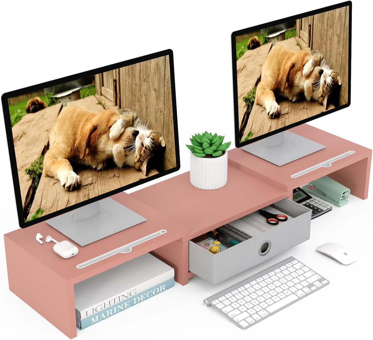 Dual 3 Shelf Computer Riser with Drawer, Adjustable Length and Angle, Desktop 2 Monitor Stand Storage Organizer