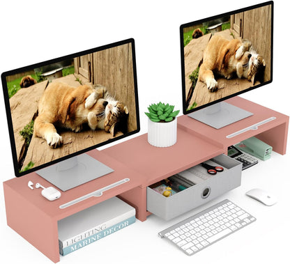 Dual 3 Shelf Computer Riser with Drawer, Adjustable Length and Angle, Desktop 2 Monitor Stand Storage Organizer
