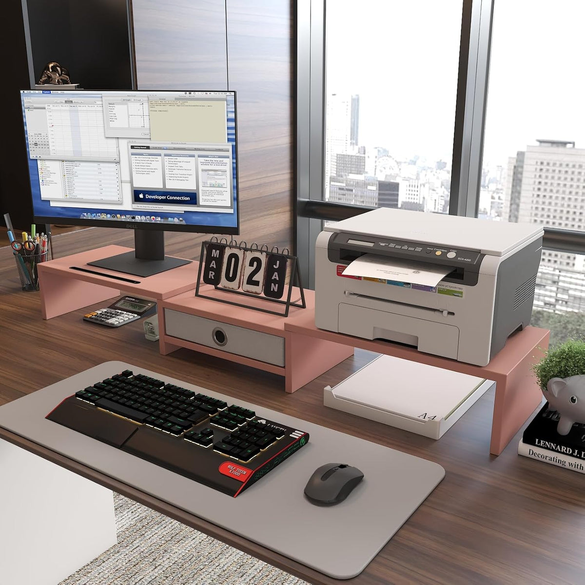 Dual 3 Shelf Computer Riser with Drawer, Adjustable Length and Angle, Desktop 2 Monitor Stand Storage Organizer