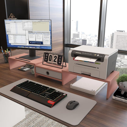 Dual 3 Shelf Computer Riser with Drawer, Adjustable Length and Angle, Desktop 2 Monitor Stand Storage Organizer