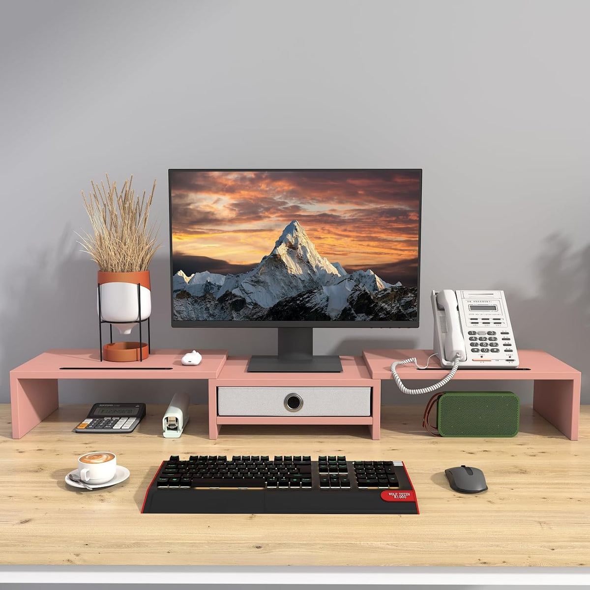 Dual 3 Shelf Computer Riser with Drawer, Adjustable Length and Angle, Desktop 2 Monitor Stand Storage Organizer