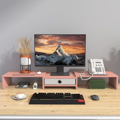 Dual 3 Shelf Computer Riser with Drawer, Adjustable Length and Angle, Desktop 2 Monitor Stand Storage Organizer