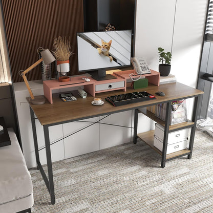 Dual 3 Shelf Computer Riser with Drawer, Adjustable Length and Angle, Desktop 2 Monitor Stand Storage Organizer