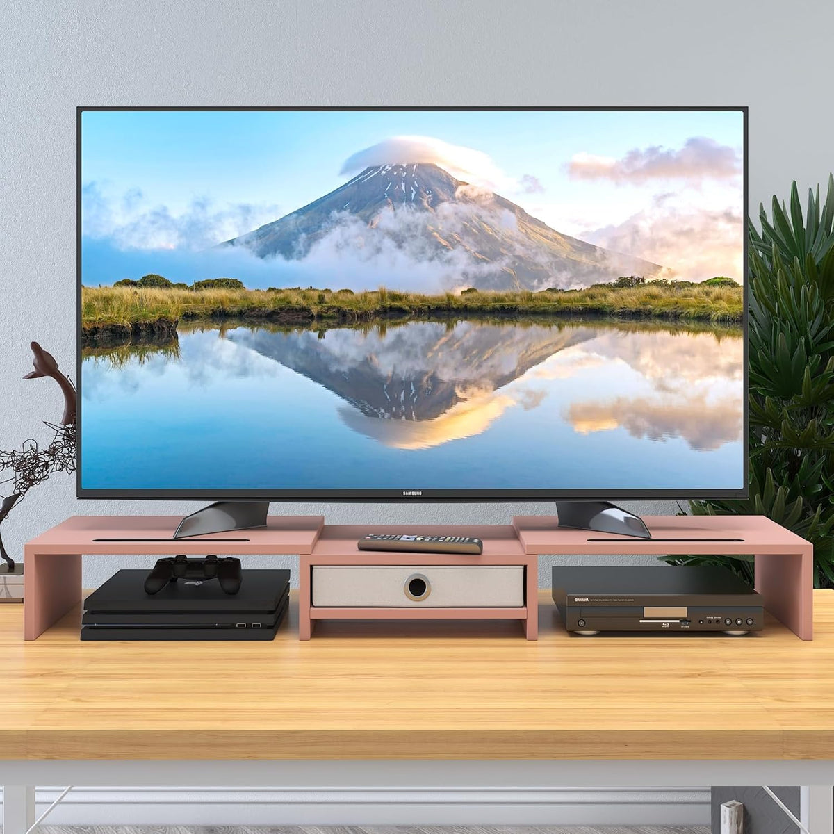 Dual 3 Shelf Computer Riser with Drawer, Adjustable Length and Angle, Desktop 2 Monitor Stand Storage Organizer