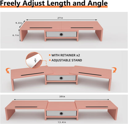 Dual 3 Shelf Computer Riser with Drawer, Adjustable Length and Angle, Desktop 2 Monitor Stand Storage Organizer