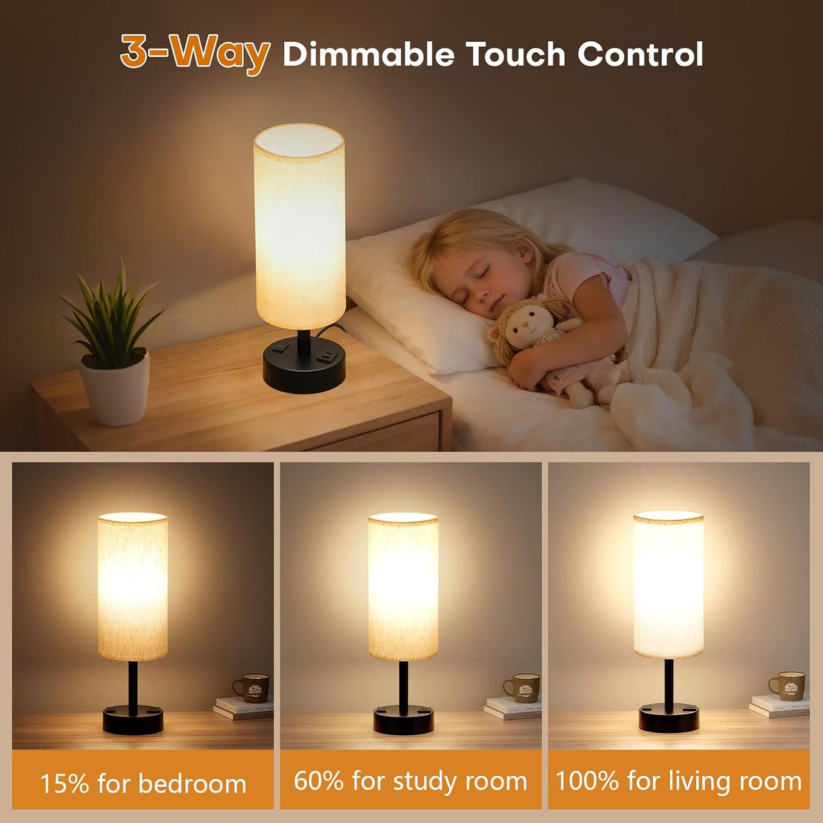 Table Lamp for Bedroom, Touch Nightstand Lamp with 10W USB Charging
