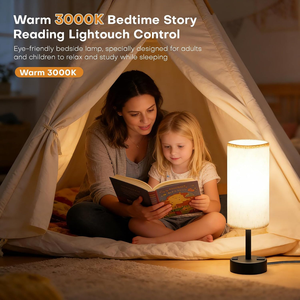 Table Lamp for Bedroom, Touch Nightstand Lamp with 10W USB Charging