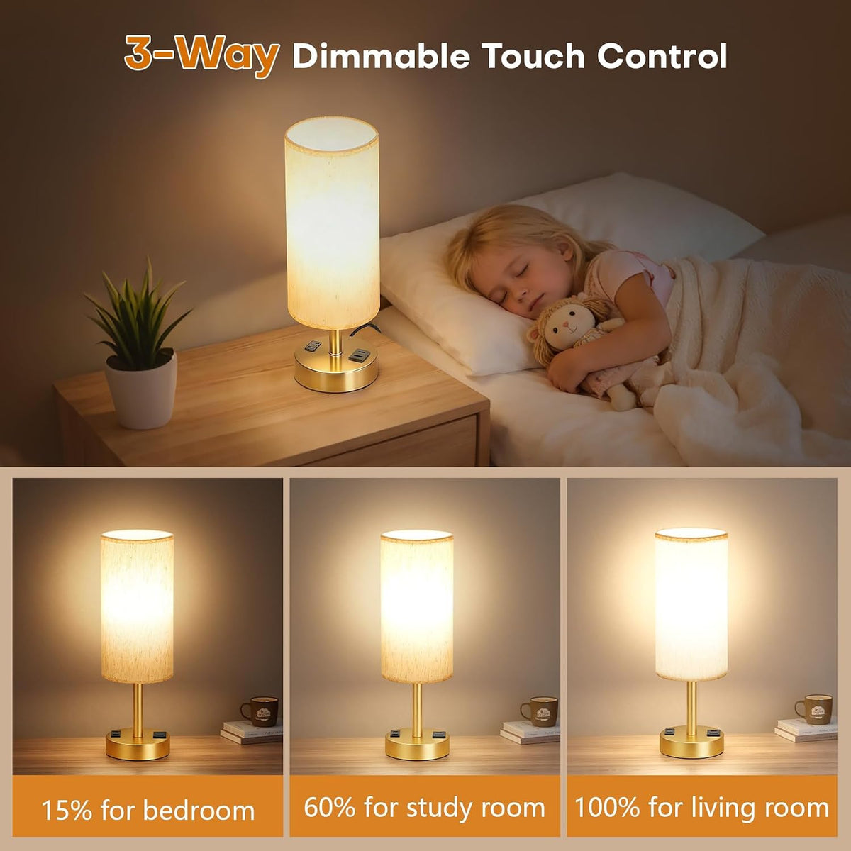Table Lamp for Bedroom, Touch Nightstand Lamp with 10W USB Charging