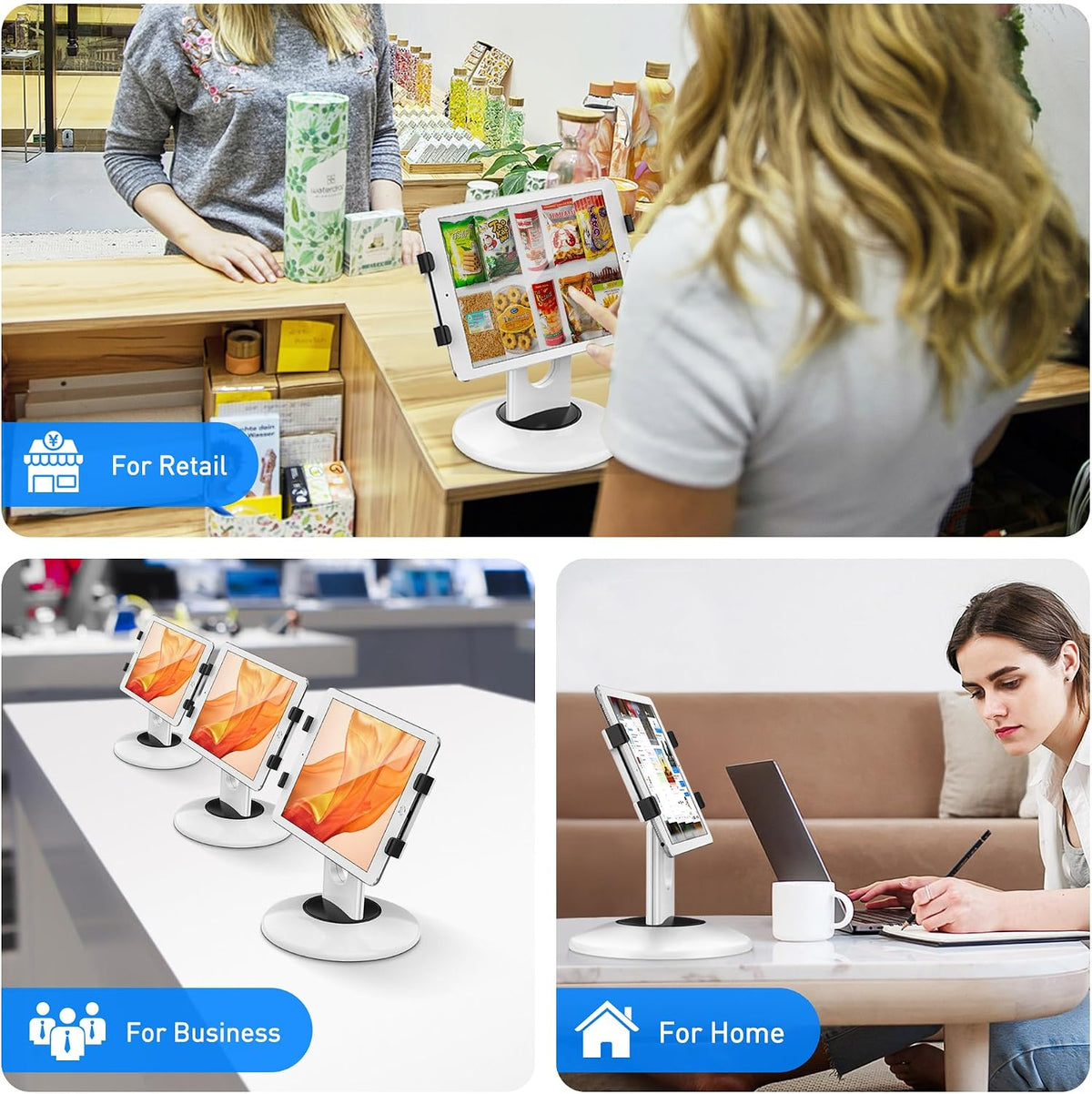 Retail Kiosk iPad Stand, 360° Rotating Commercial POS Tablet Stand, Fits 6"-13" (Screens) iPad mini Pro-Business Swivel Tablet Holder, for Store Office Reception Kitchen Desktop (White)