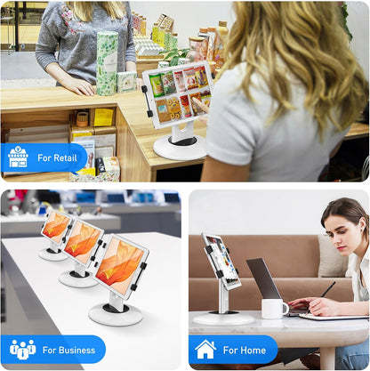 Retail Kiosk iPad Stand, 360° Rotating Commercial POS Tablet Stand, Fits 6"-13" (Screens) iPad mini Pro-Business Swivel Tablet Holder, for Store Office Reception Kitchen Desktop (White)