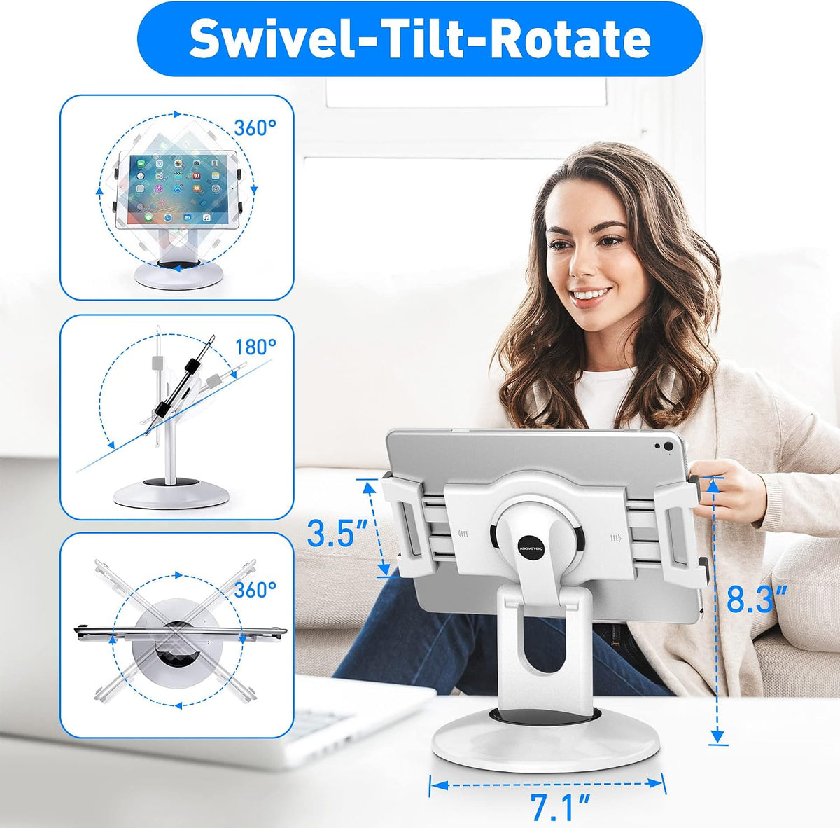 Retail Kiosk iPad Stand, 360° Rotating Commercial POS Tablet Stand, Fits 6"-13" (Screens) iPad mini Pro-Business Swivel Tablet Holder, for Store Office Reception Kitchen Desktop (White)