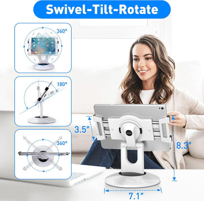 Retail Kiosk iPad Stand, 360° Rotating Commercial POS Tablet Stand, Fits 6"-13" (Screens) iPad mini Pro-Business Swivel Tablet Holder, for Store Office Reception Kitchen Desktop (White)