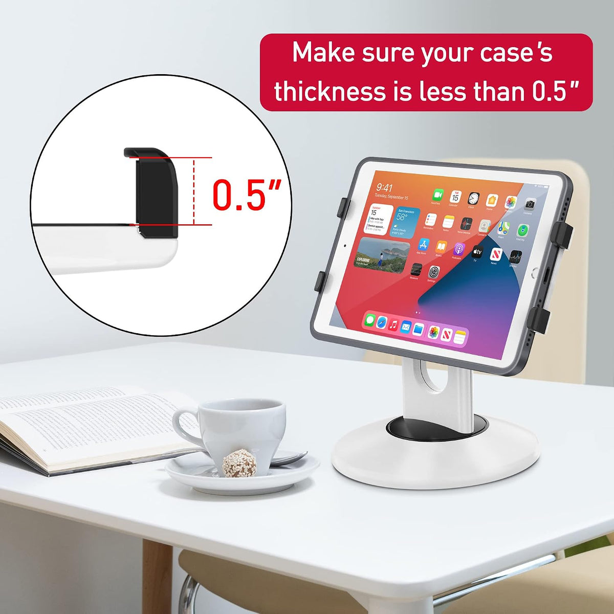 Retail Kiosk iPad Stand, 360° Rotating Commercial POS Tablet Stand, Fits 6"-13" (Screens) iPad mini Pro-Business Swivel Tablet Holder, for Store Office Reception Kitchen Desktop (White)