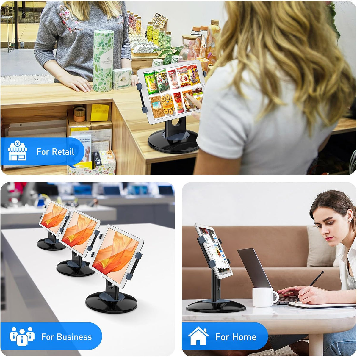 Retail Kiosk iPad Stand, 360° Rotating Commercial POS Tablet Stand, Fits 6"-13" (Screens) iPad mini Pro-Business Swivel Tablet Holder, for Store Office Reception Kitchen Desktop (White)