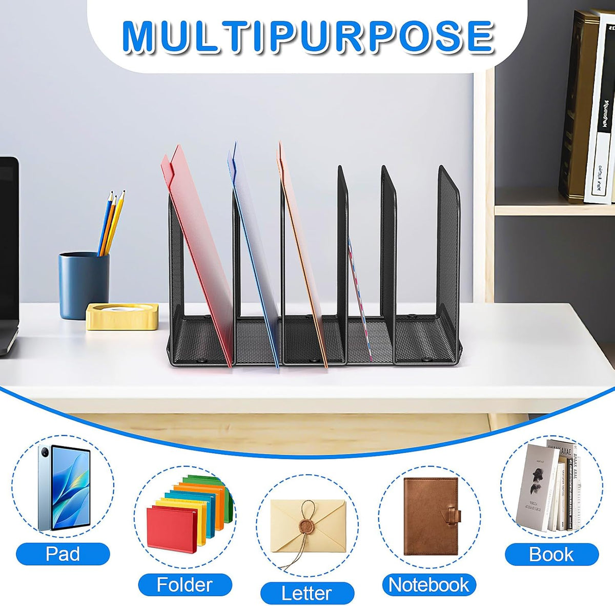 5 Sections Desk File Holder/Rack/Sorter,Mesh File Organizer,File Folder Organizer,Metal Upright Desktop Organization for Documents,Magazine,Kitchenware,Antiskid,Antirust,Sturdy