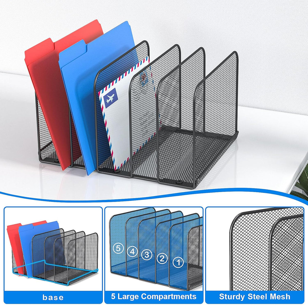 5 Sections Desk File Holder/Rack/Sorter,Mesh File Organizer,File Folder Organizer,Metal Upright Desktop Organization for Documents,Magazine,Kitchenware,Antiskid,Antirust,Sturdy
