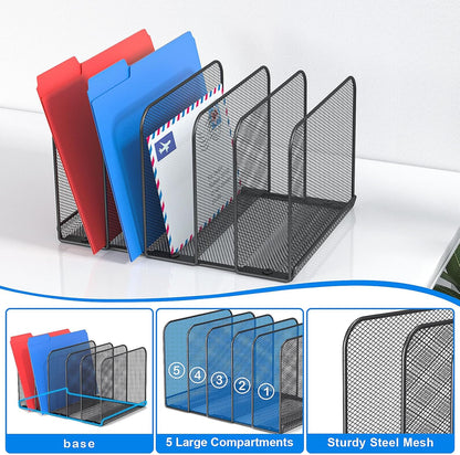5 Sections Desk File Holder/Rack/Sorter,Mesh File Organizer,File Folder Organizer,Metal Upright Desktop Organization for Documents,Magazine,Kitchenware,Antiskid,Antirust,Sturdy