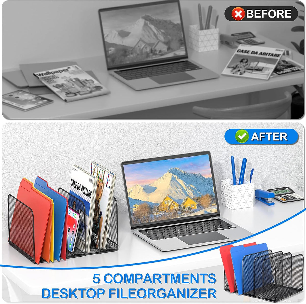 5 Sections Desk File Holder/Rack/Sorter,Mesh File Organizer,File Folder Organizer,Metal Upright Desktop Organization for Documents,Magazine,Kitchenware,Antiskid,Antirust,Sturdy