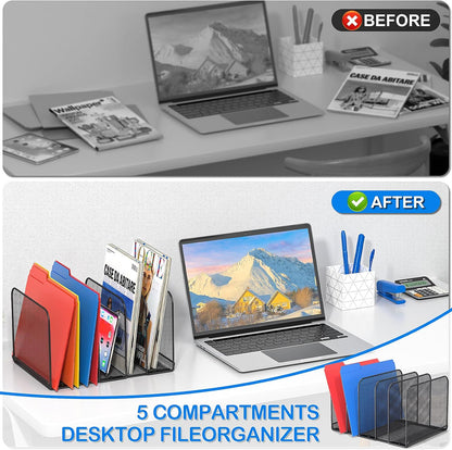 5 Sections Desk File Holder/Rack/Sorter,Mesh File Organizer,File Folder Organizer,Metal Upright Desktop Organization for Documents,Magazine,Kitchenware,Antiskid,Antirust,Sturdy