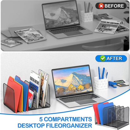 5 Sections Desk File Holder/Rack/Sorter,Mesh File Organizer,File Folder Organizer,Metal Upright Desktop Organization for Documents,Magazine,Kitchenware,Antiskid,Antirust,Sturdy