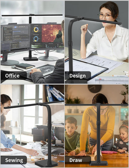 LED Desk Lamp for Home Office, Double Head 24W with Base, Architect Light 5 Lighting Brightness Flexible Gooseneck Table Reading Study, Black
