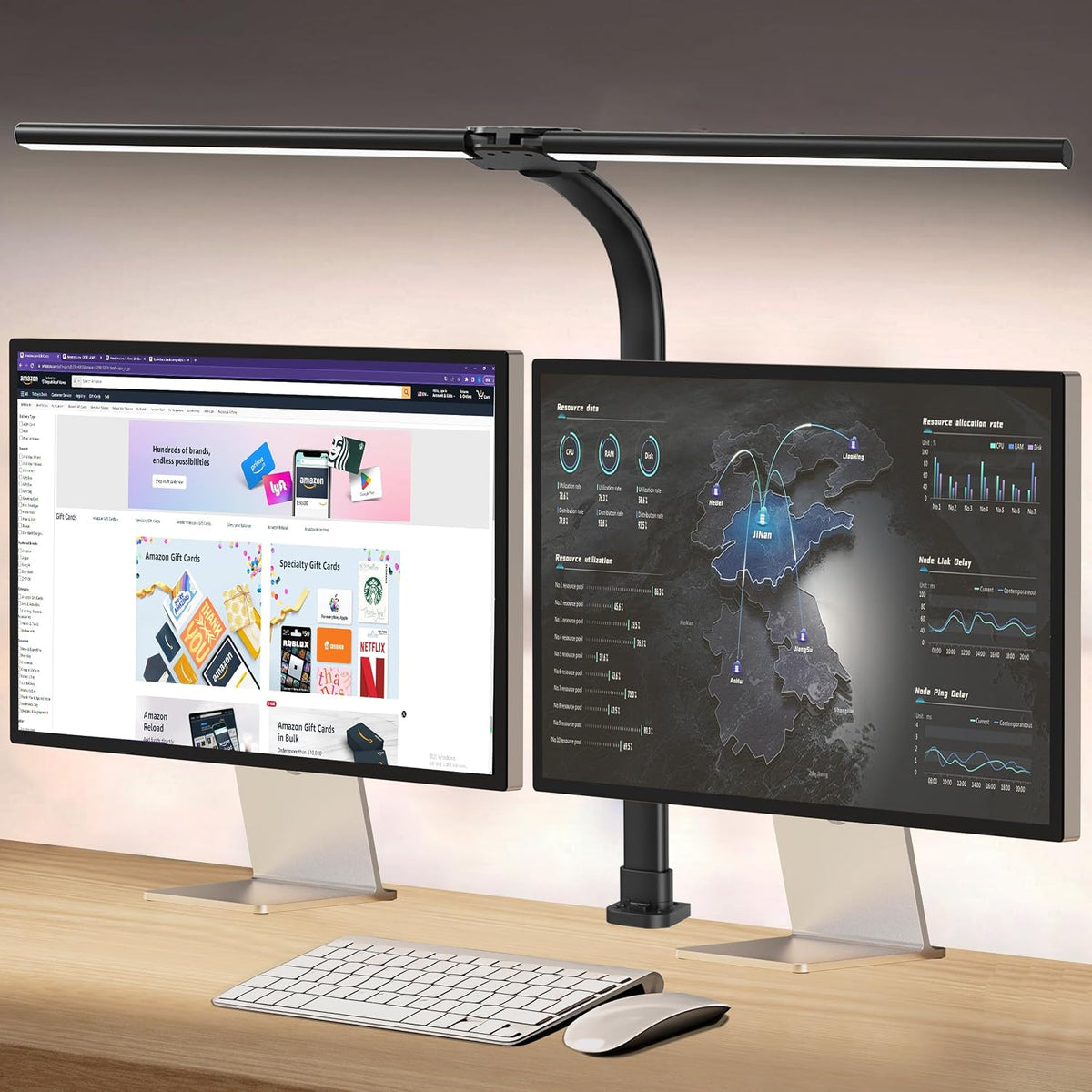 LED Desk Lamp for Home Office, Double Head 24W with Base, Architect Light 5 Lighting Brightness Flexible Gooseneck Table Reading Study, Black