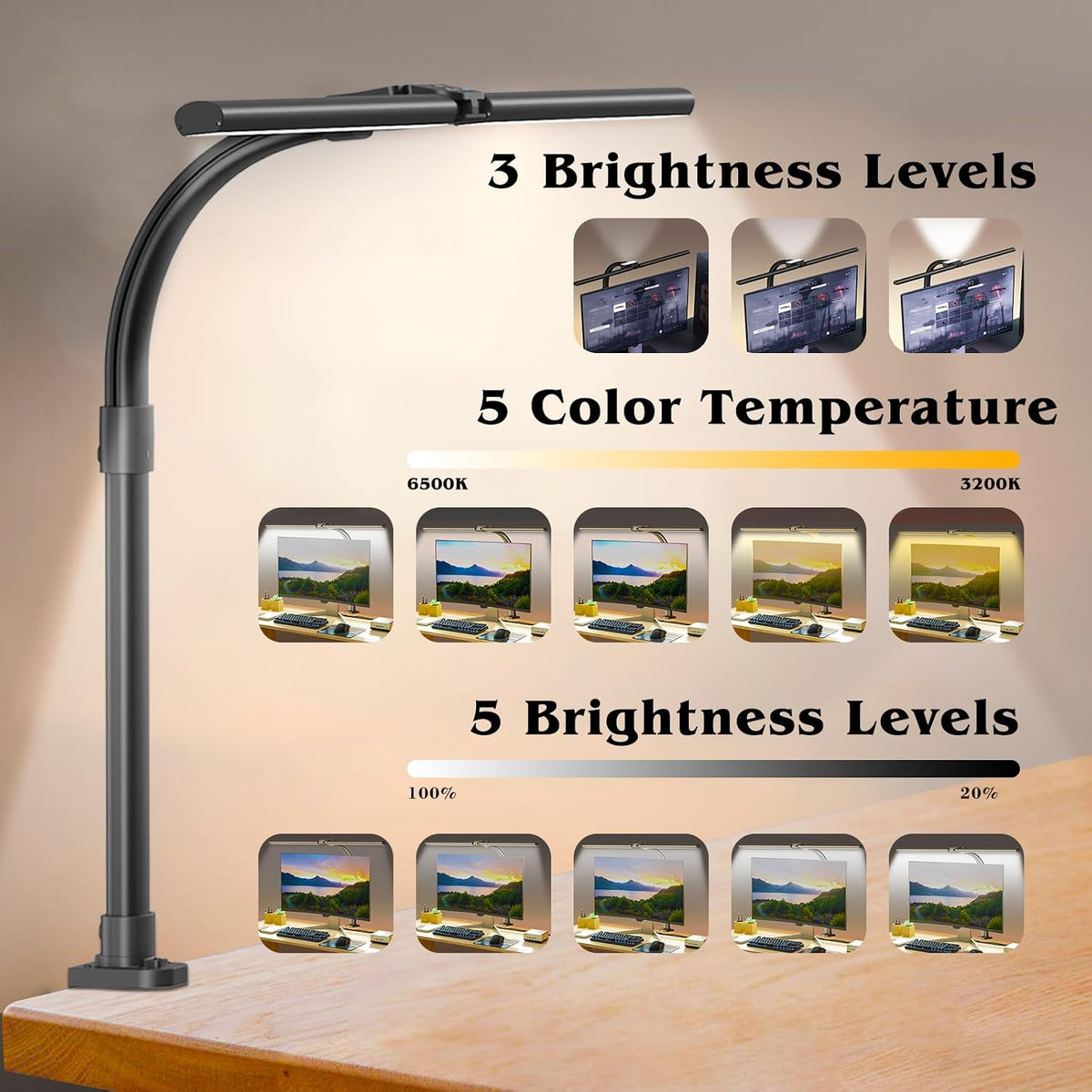 LED Desk Lamp for Home Office, Double Head 24W with Base, Architect Light 5 Lighting Brightness Flexible Gooseneck Table Reading Study, Black