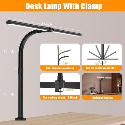 LED Desk Lamp for Home Office, Double Head 24W with Base, Architect Light 5 Lighting Brightness Flexible Gooseneck Table Reading Study, Black