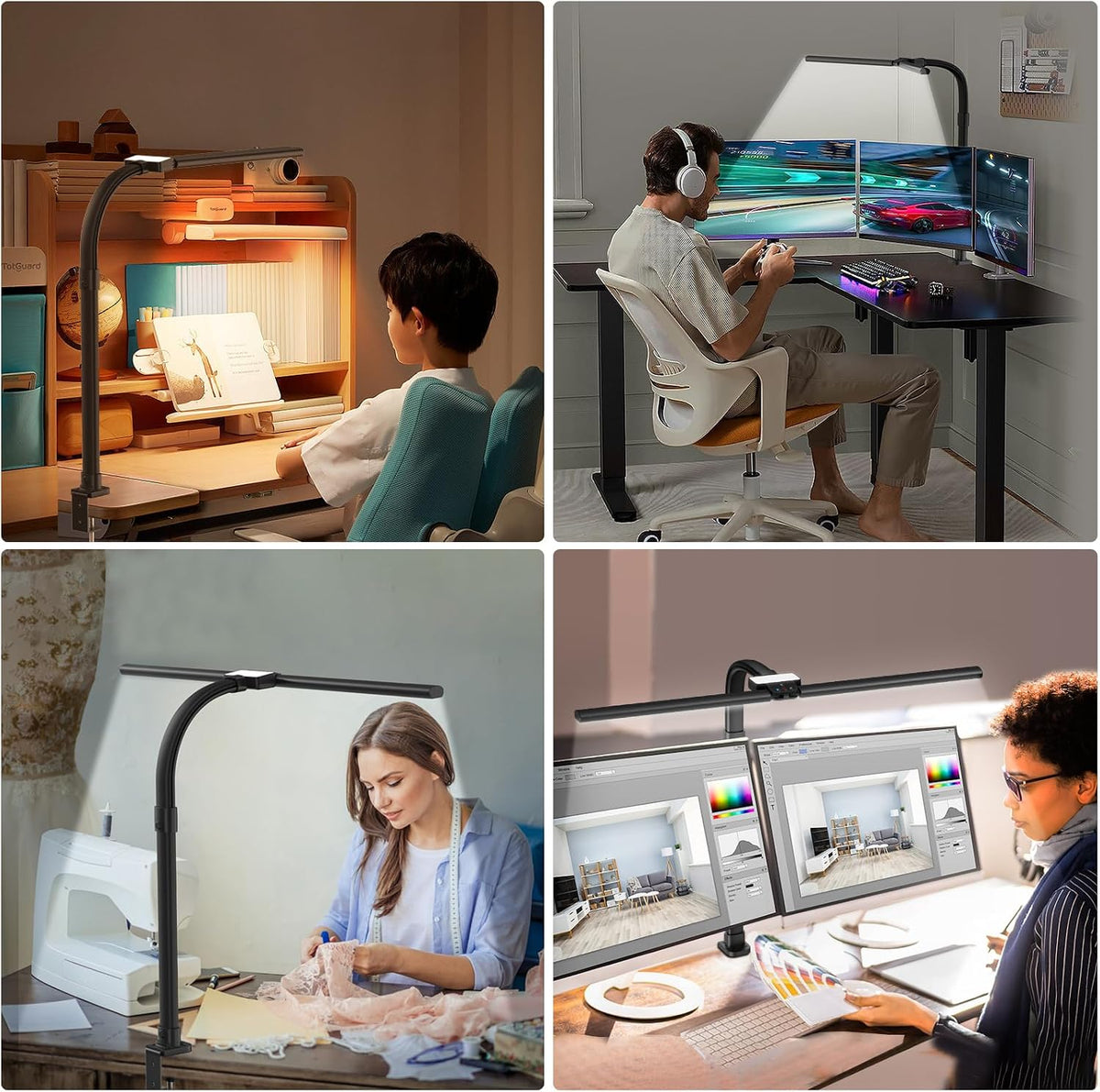 LED Desk Lamp for Home Office, Double Head 24W with Base, Architect Light 5 Lighting Brightness Flexible Gooseneck Table Reading Study, Black
