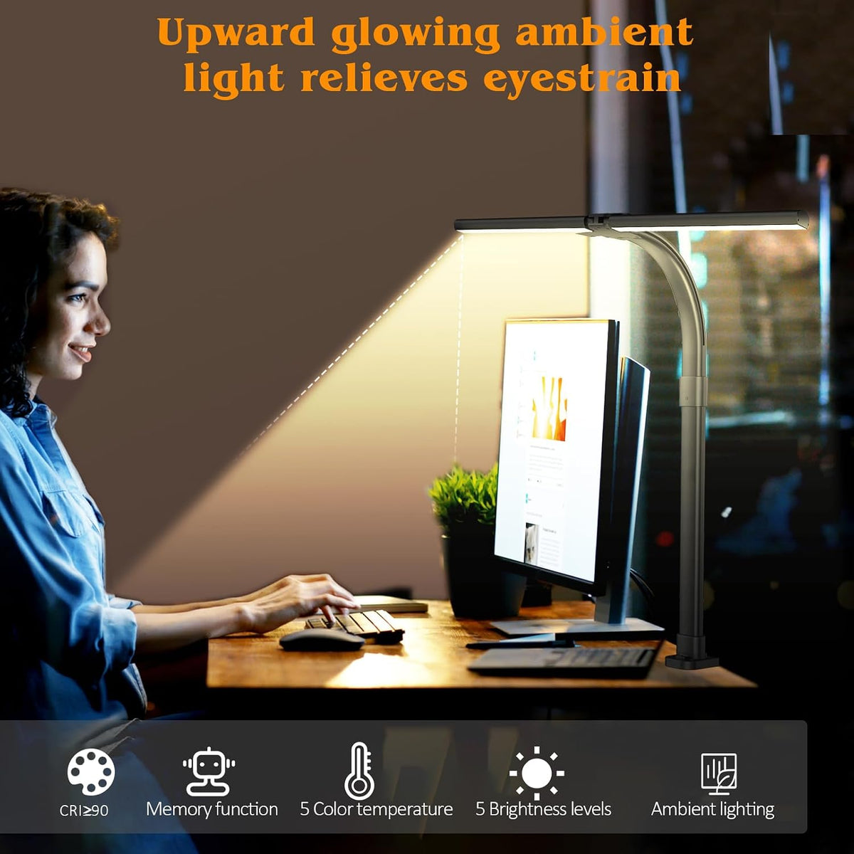 LED Desk Lamp for Home Office, Double Head 24W with Base, Architect Light 5 Lighting Brightness Flexible Gooseneck Table Reading Study, Black