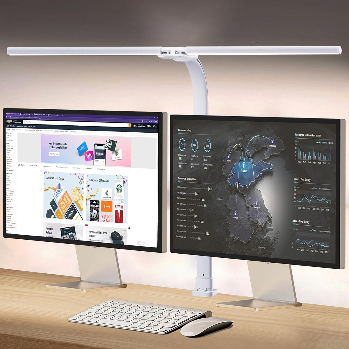 LED Desk Lamp for Home Office, Double Head 24W with Base, Architect Light 5 Lighting Brightness Flexible Gooseneck Table Reading Study, Black