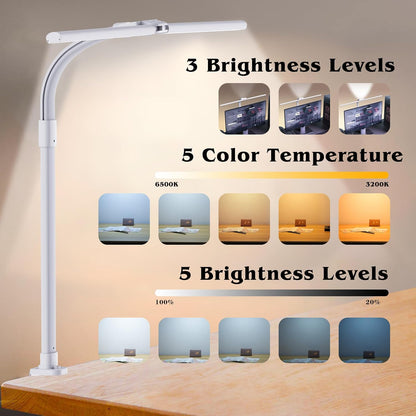 LED Desk Lamp for Home Office, Double Head 24W with Base, Architect Light 5 Lighting Brightness Flexible Gooseneck Table Reading Study, Black