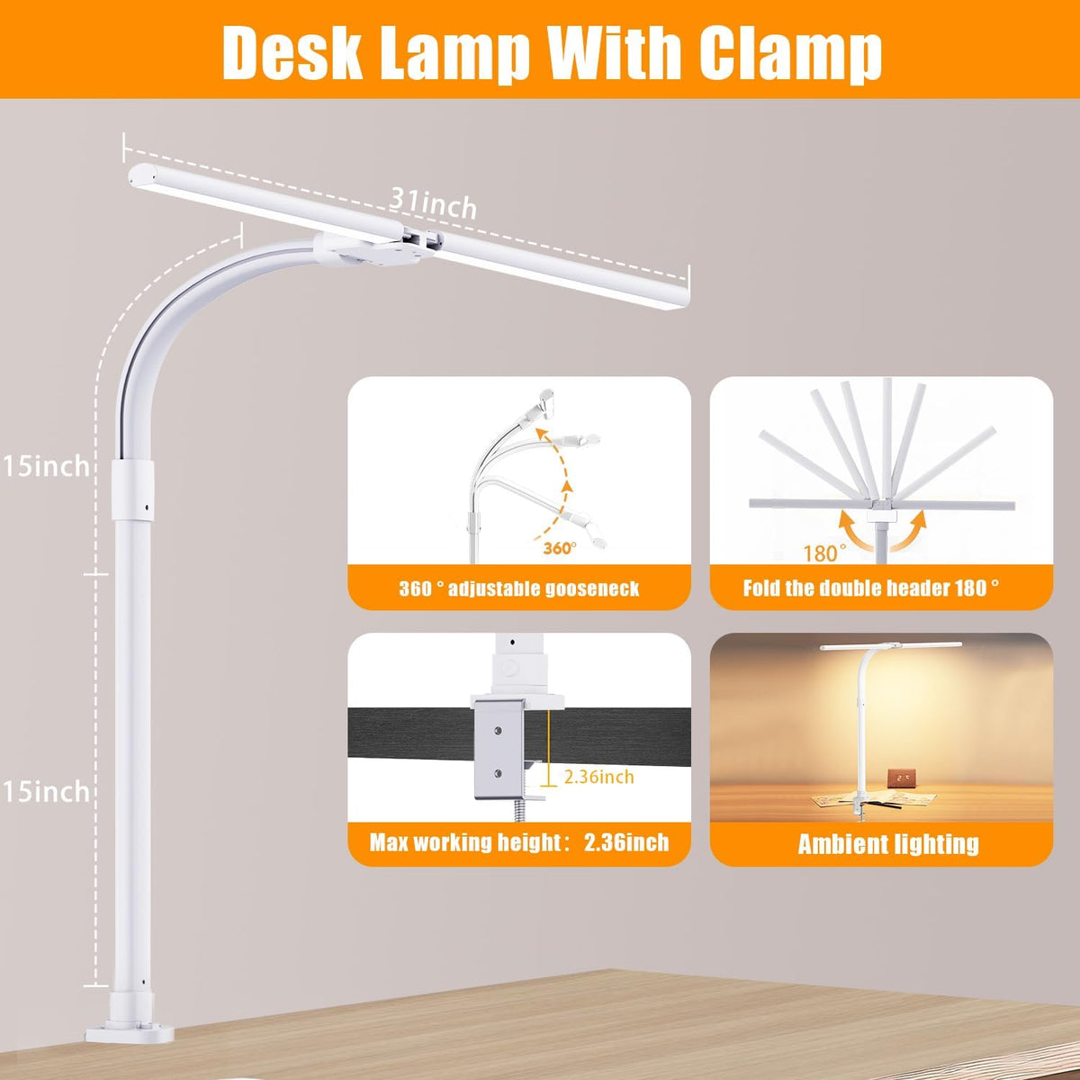 LED Desk Lamp for Home Office, Double Head 24W with Base, Architect Light 5 Lighting Brightness Flexible Gooseneck Table Reading Study, Black