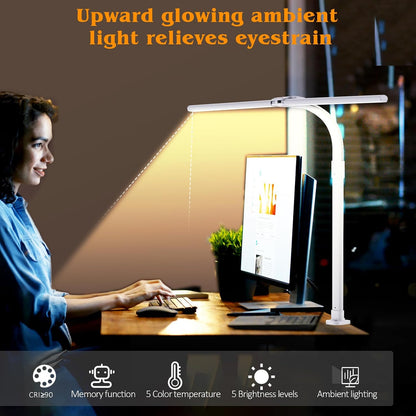 LED Desk Lamp for Home Office, Double Head 24W with Base, Architect Light 5 Lighting Brightness Flexible Gooseneck Table Reading Study, Black