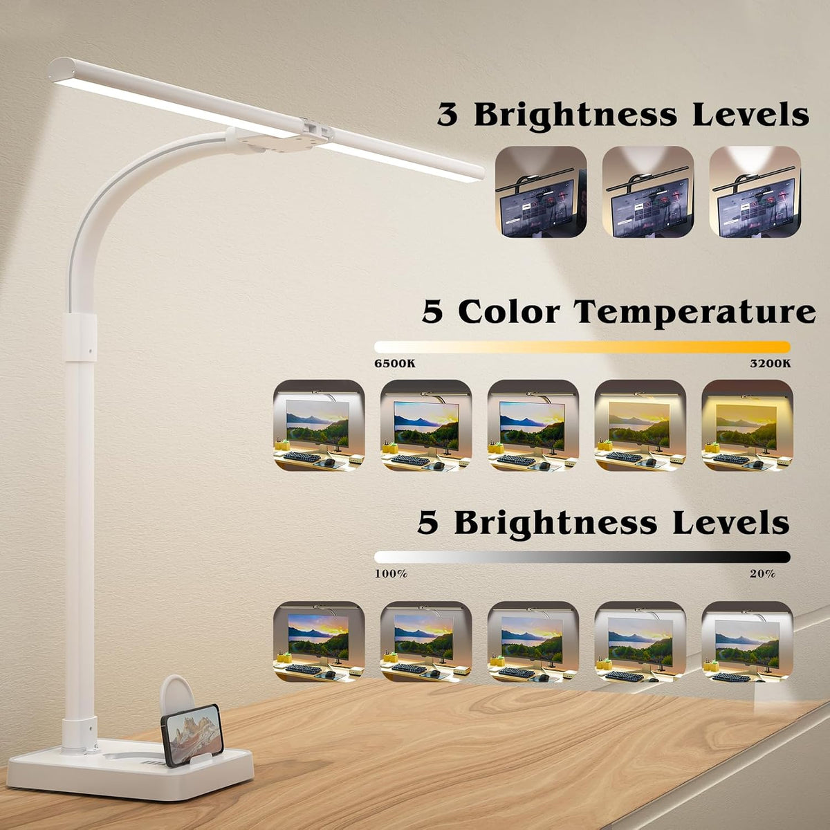 LED Desk Lamp for Home Office, Double Head 24W with Base, Architect Light 5 Lighting Brightness Flexible Gooseneck Table Reading Study, Black