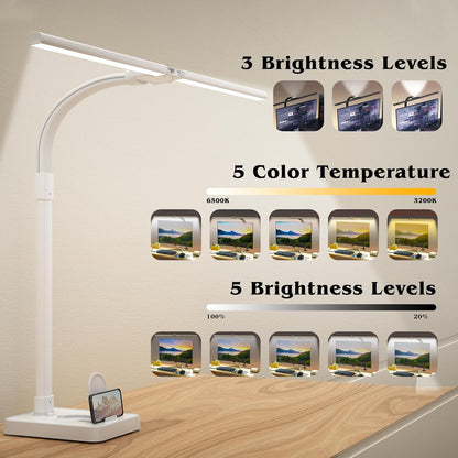LED Desk Lamp for Home Office, Double Head 24W with Base, Architect Light 5 Lighting Brightness Flexible Gooseneck Table Reading Study, Black