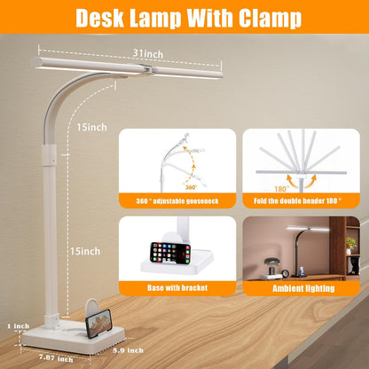 LED Desk Lamp for Home Office, Double Head 24W with Base, Architect Light 5 Lighting Brightness Flexible Gooseneck Table Reading Study, Black