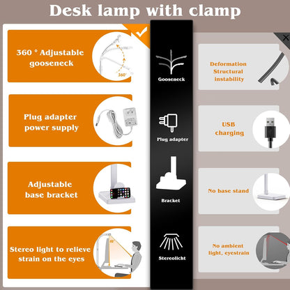 LED Desk Lamp for Home Office, Double Head 24W with Base, Architect Light 5 Lighting Brightness Flexible Gooseneck Table Reading Study, Black