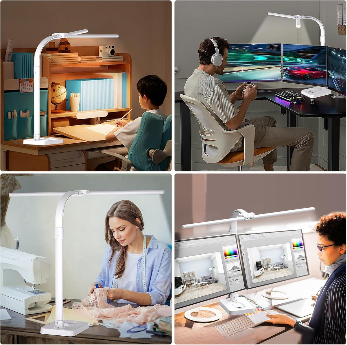LED Desk Lamp for Home Office, Double Head 24W with Base, Architect Light 5 Lighting Brightness Flexible Gooseneck Table Reading Study, Black