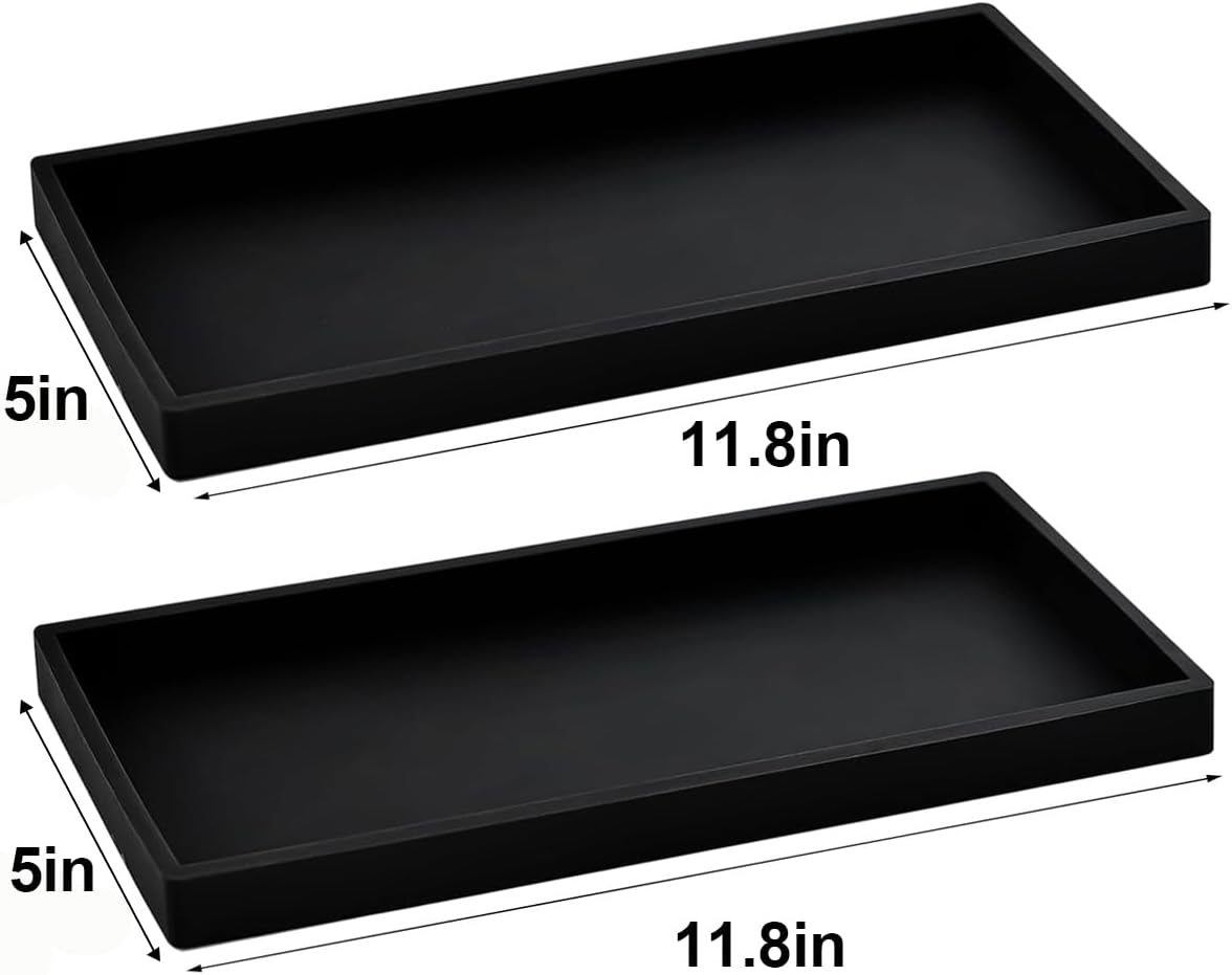 2PCS 7.87” L x 3.93” W Silicone Soap Dispenser Trays, countertop Tray for Kitchen Counter, Toilet, Small Black Tray for Scrubber, Lotion Bottles, Perfume, Jewelry, Candle, Key Trinket Ring-Black