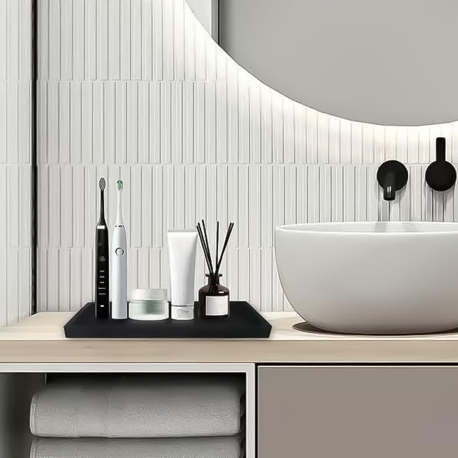 2PCS 7.87” L x 3.93” W Silicone Soap Dispenser Trays, countertop Tray for Kitchen Counter, Toilet, Small Black Tray for Scrubber, Lotion Bottles, Perfume, Jewelry, Candle, Key Trinket Ring-Black