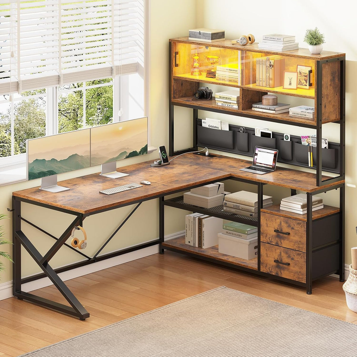 L Shaped Office Desk with Storage Shelves, 2 Drawer, LED Light