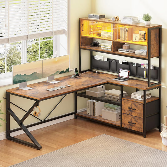 L Shaped Office Desk with Storage Shelves, 2 Drawer, LED Light