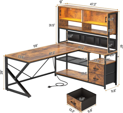 L Shaped Office Desk with Storage Shelves, 2 Drawer, LED Light