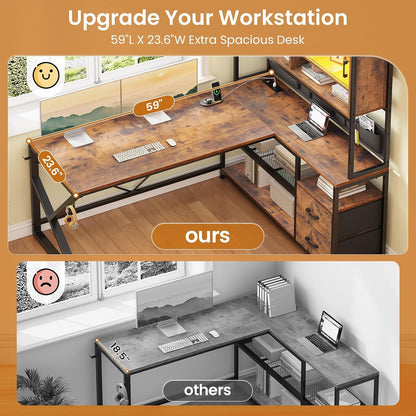 L Shaped Office Desk with Storage Shelves, 2 Drawer, LED Light
