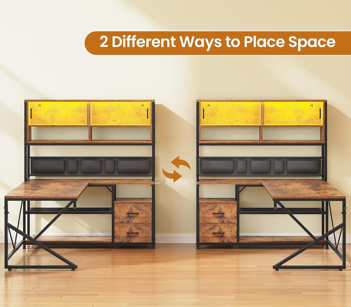 L Shaped Office Desk with Storage Shelves, 2 Drawer, LED Light
