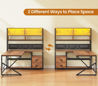 L Shaped Office Desk with Storage Shelves, 2 Drawer, LED Light